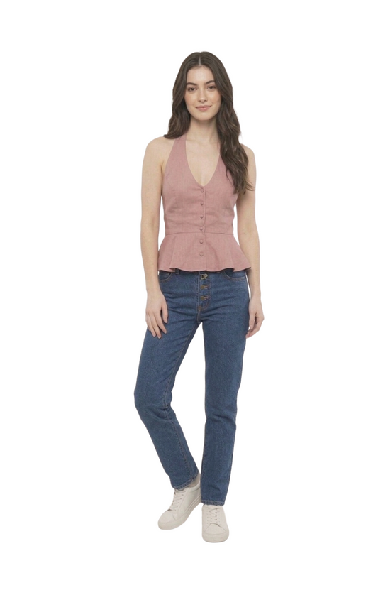 Top morado con escote tipo halter abotonado