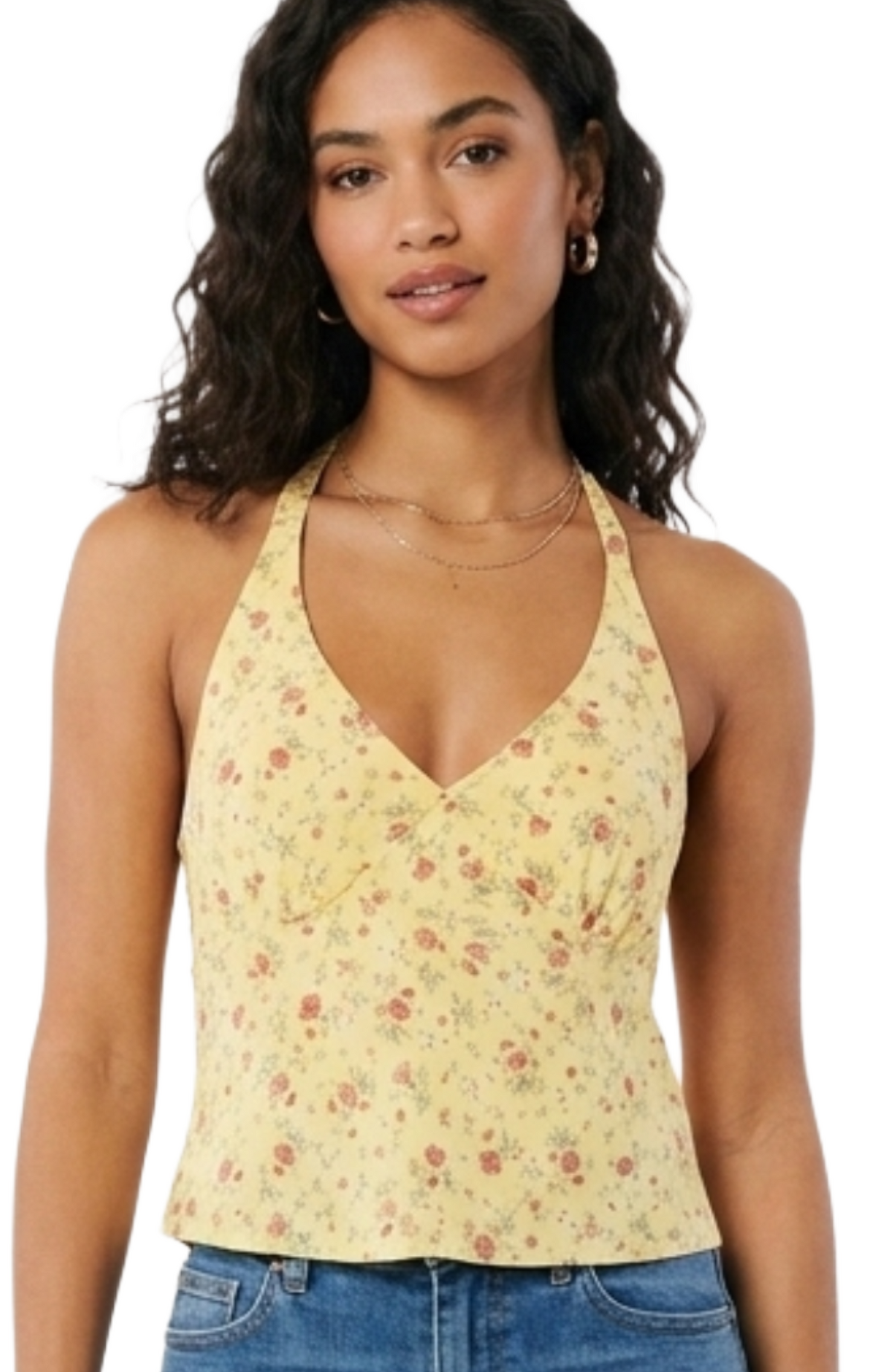 Top estilo halter amarillo con estampado de flores