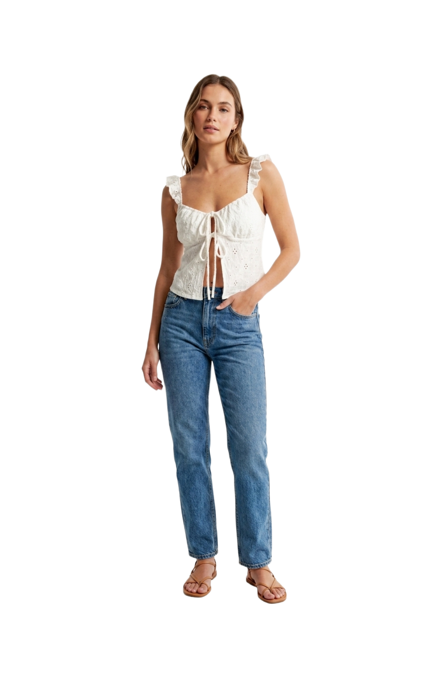 Blusa beige perforada con amarre al centro