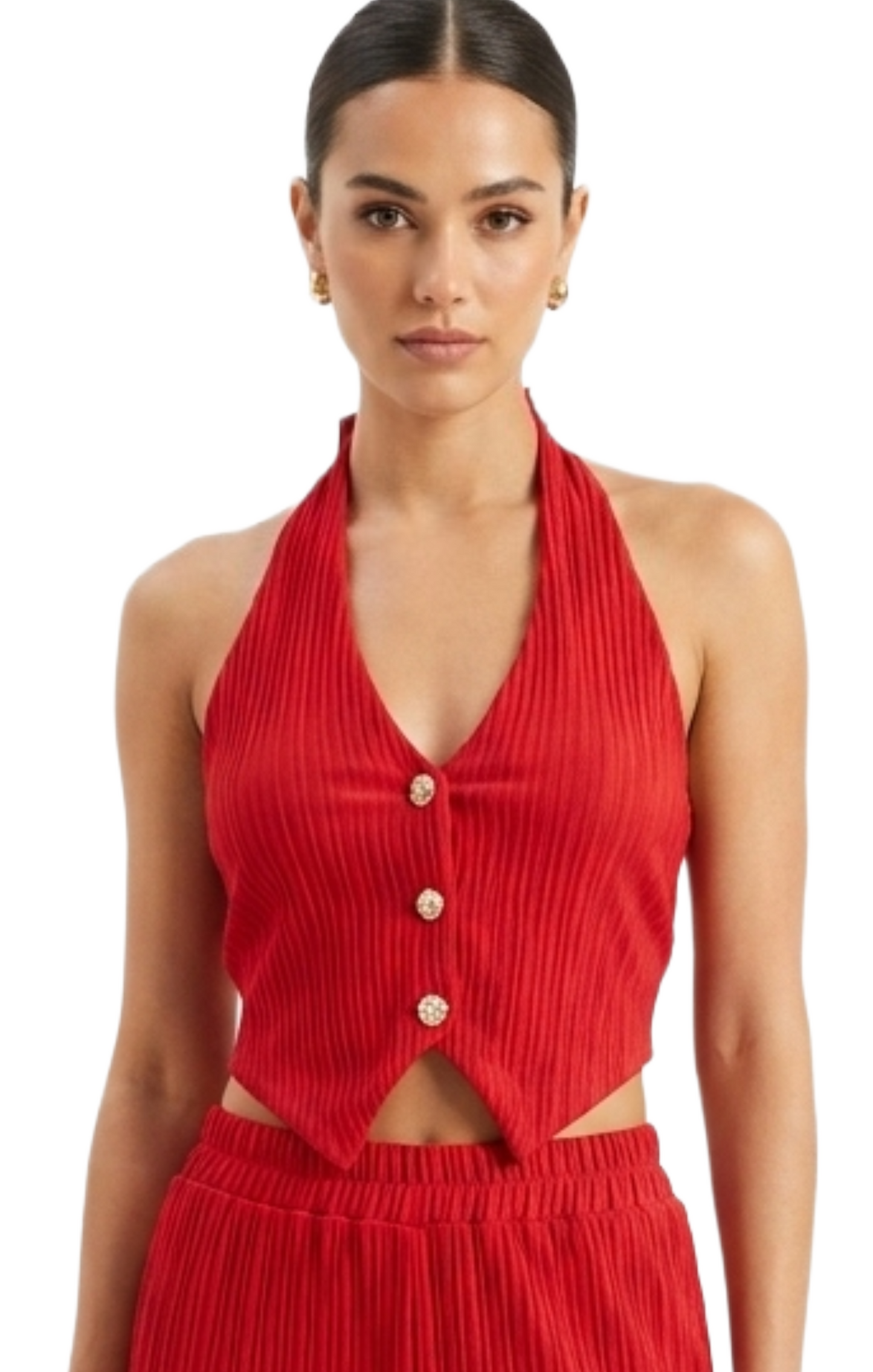 Conjunto de dos piezas rojo acanalado de blusa estilo halter y pantalon