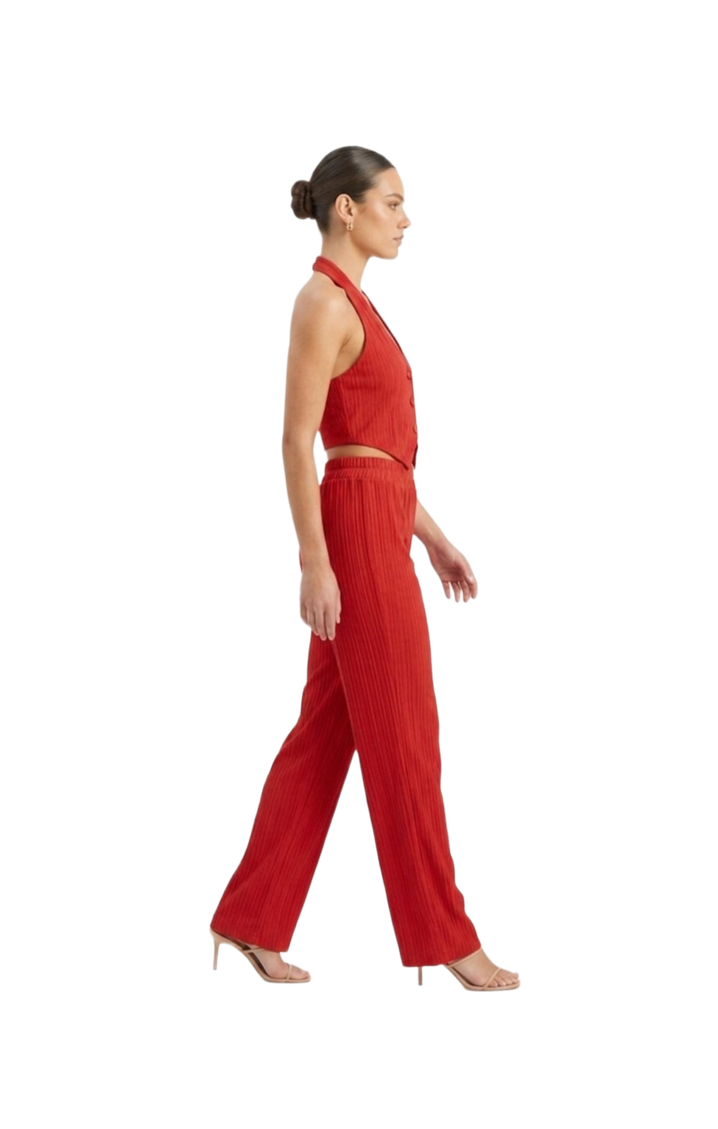 Conjunto de dos piezas rojo acanalado de blusa estilo halter y pantalon
