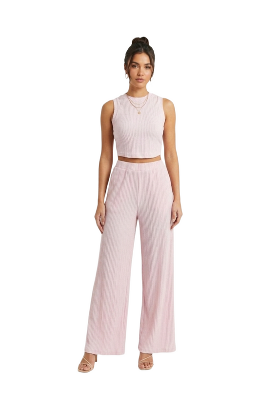Conjunto rosa acanalado de blusa y pantalón