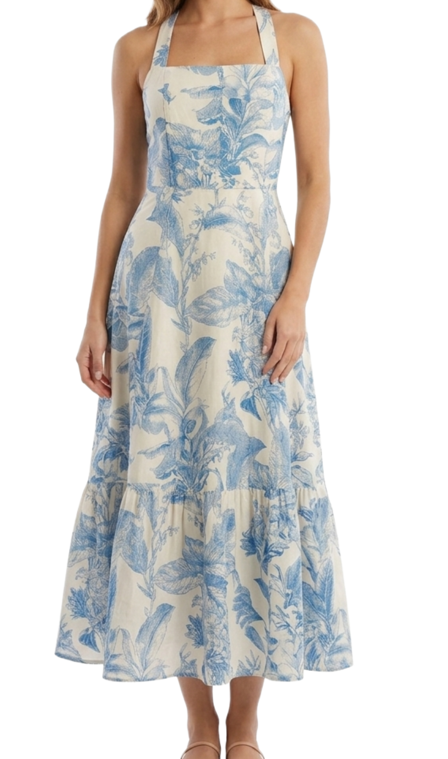 Vestido blanco con estampado tipo beteado azul