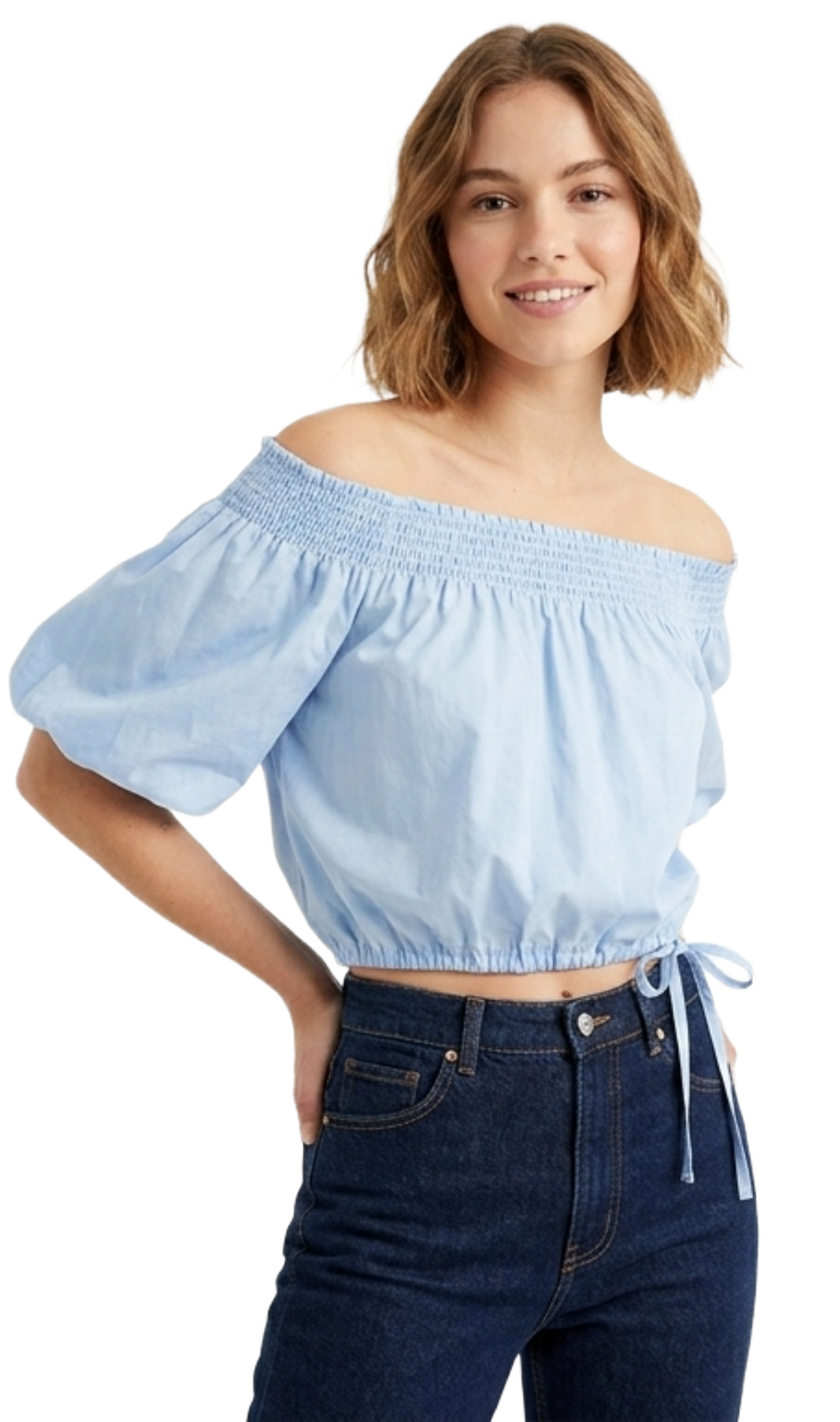 Blusa azul tipo campesina con amarre lateral