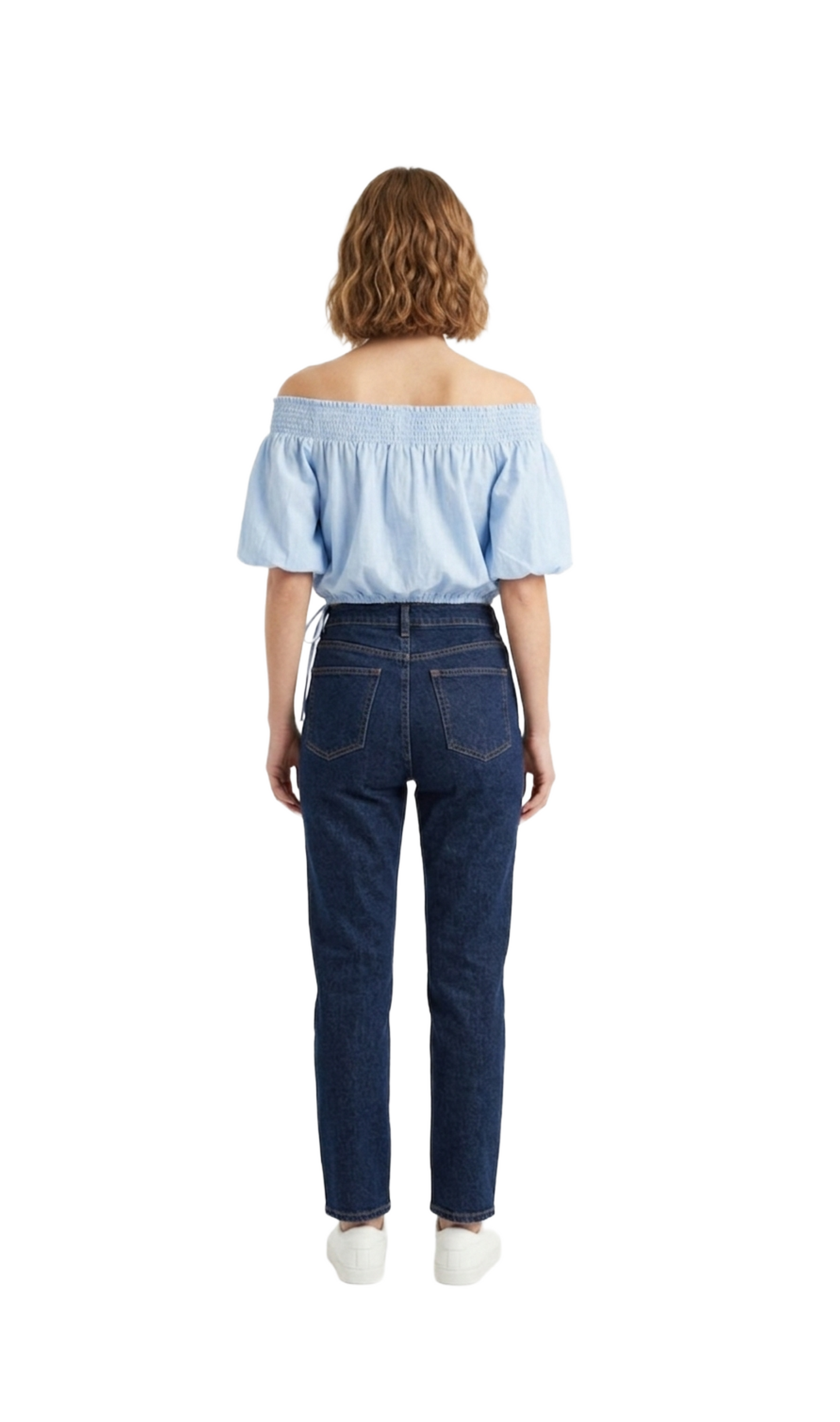 Blusa azul tipo campesina con amarre lateral