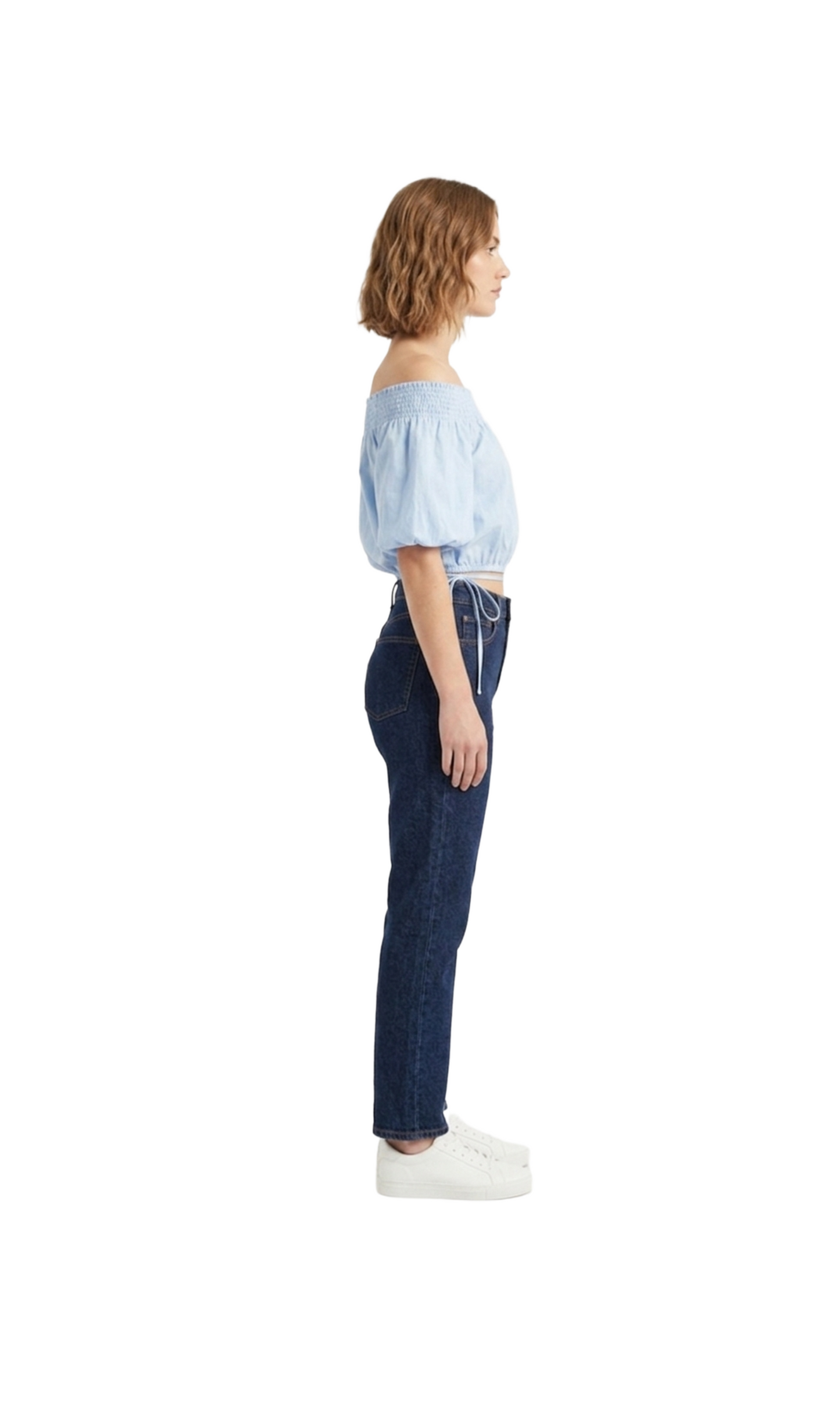 Blusa azul tipo campesina con amarre lateral