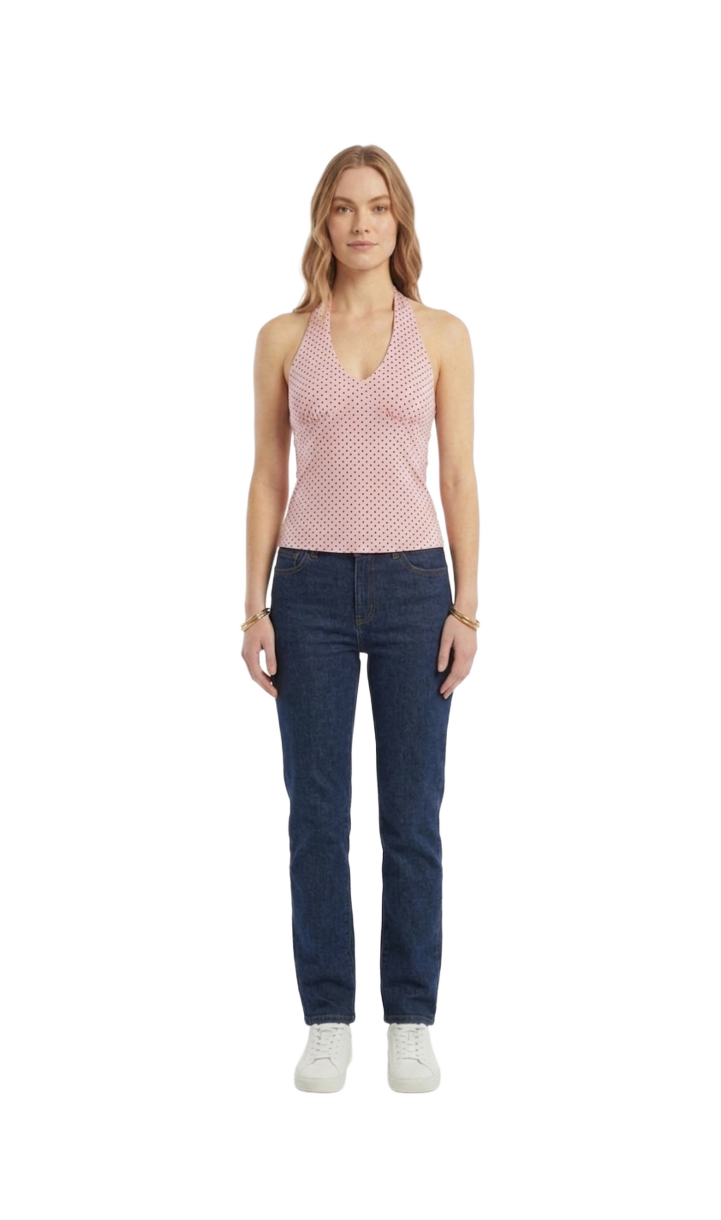 Top estilo halter rosa con puntos rojos
