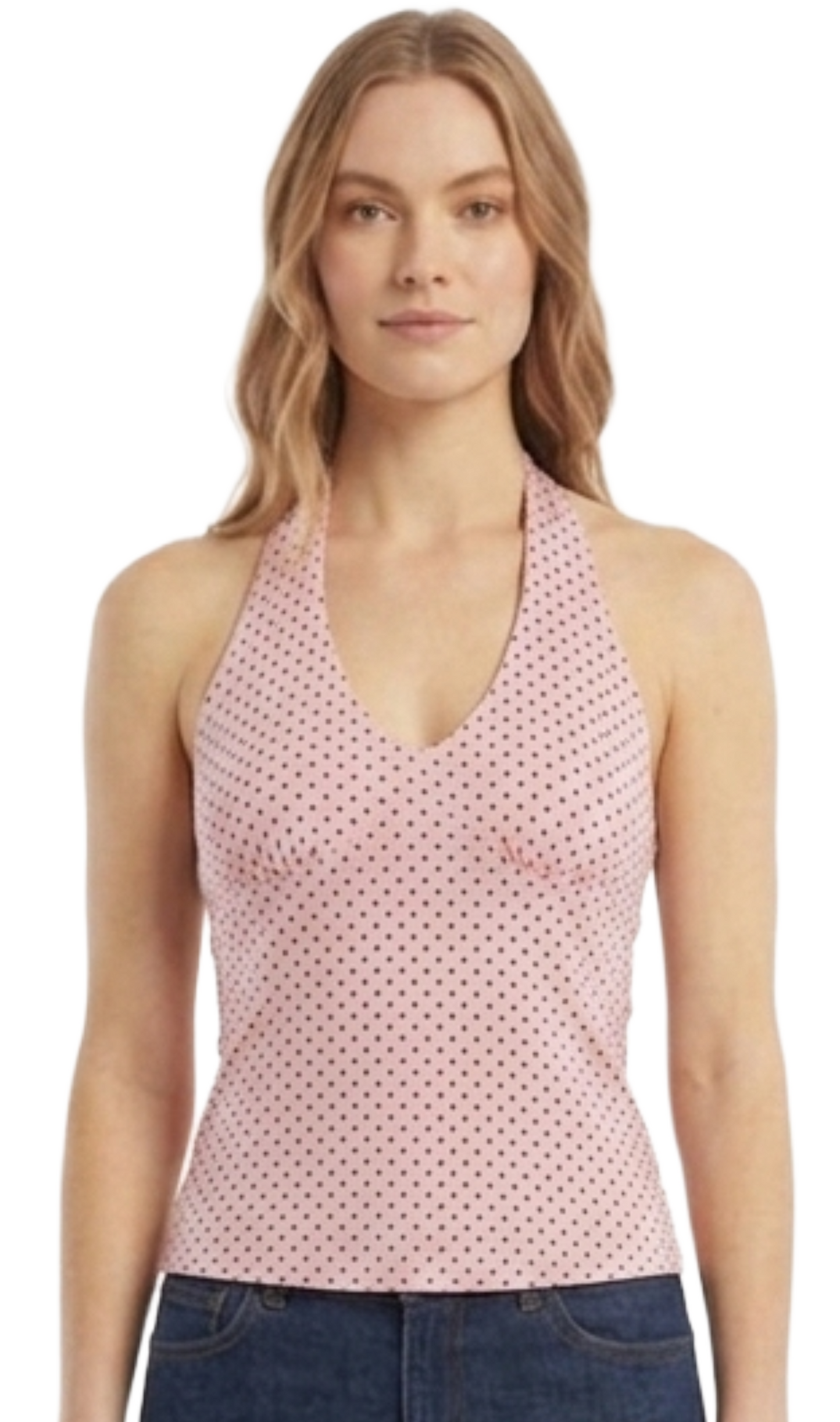 Top estilo halter rosa con puntos rojos