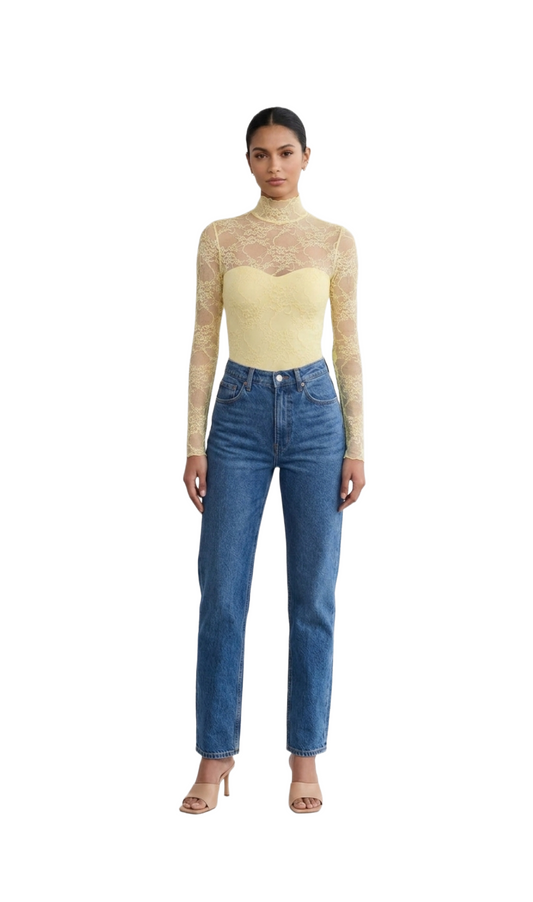 Blusa mesh amarilla manga larga cuello alto