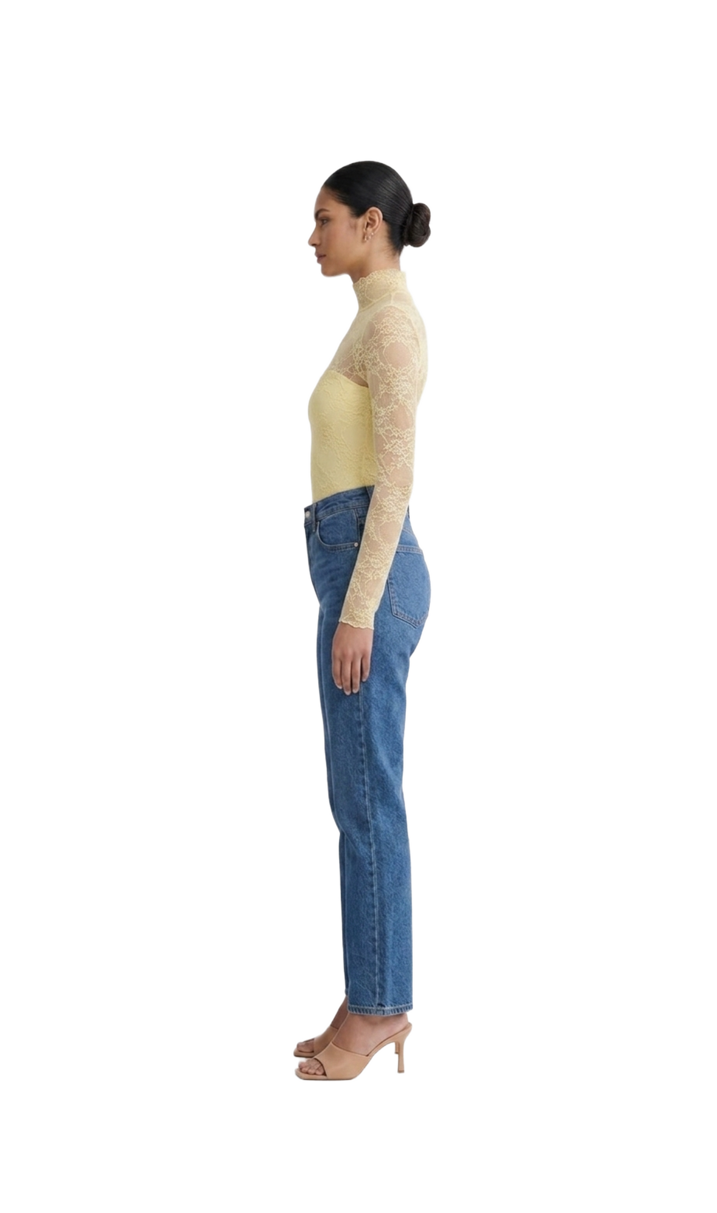 Blusa mesh amarilla manga larga cuello alto
