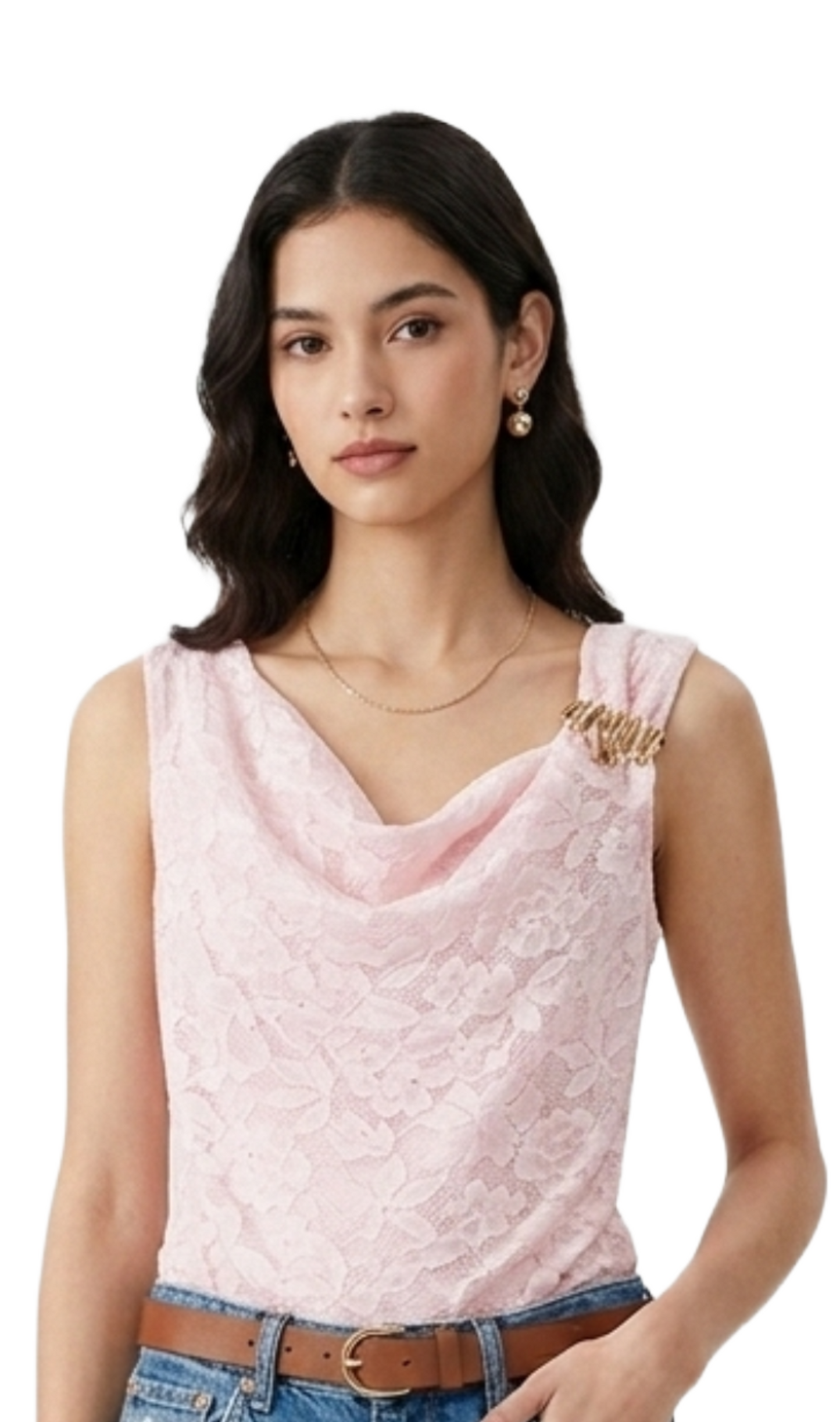 Blusa de encaje rosa con prendedor en hombro