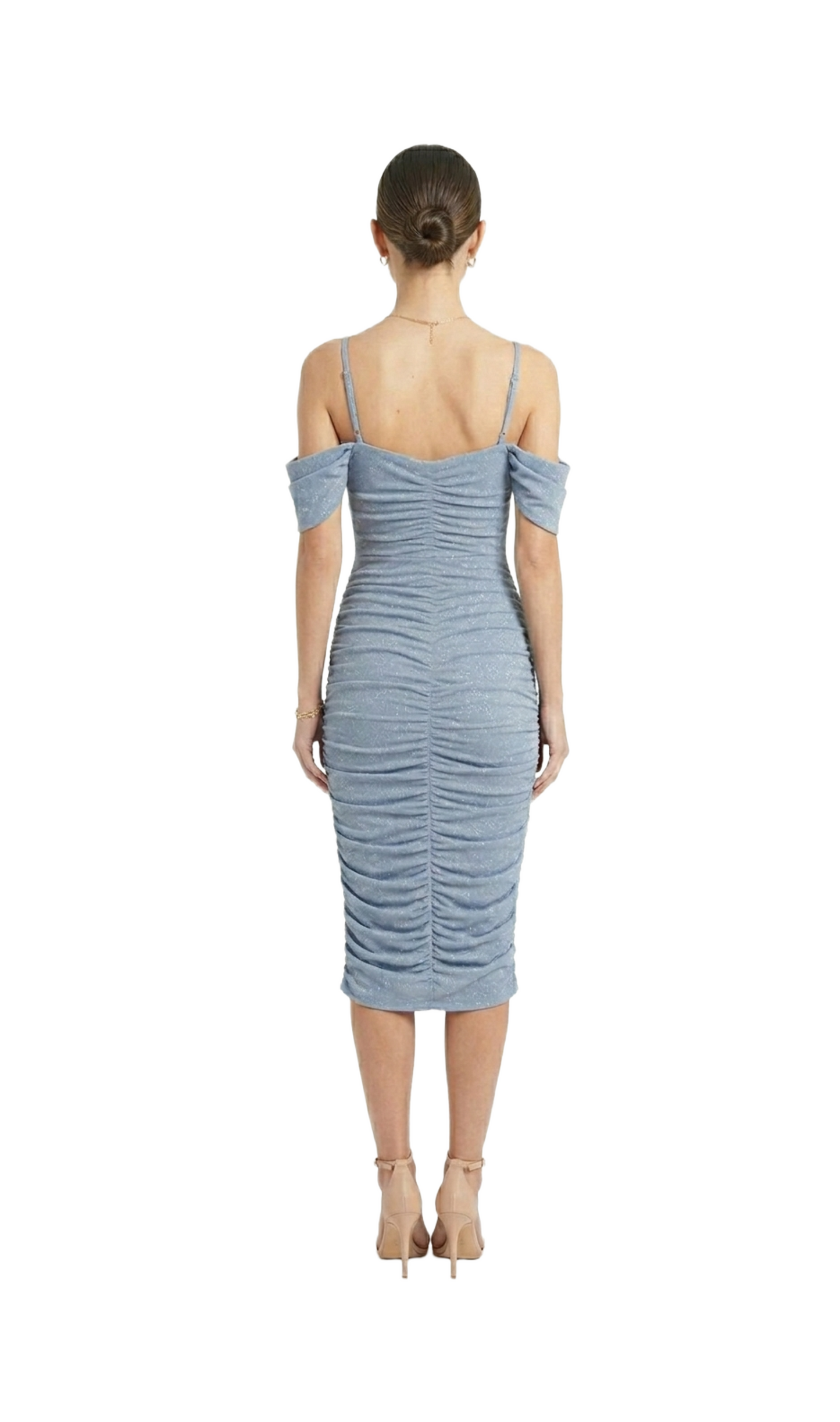 Vestido de brillos azul plisado con mangas caidas