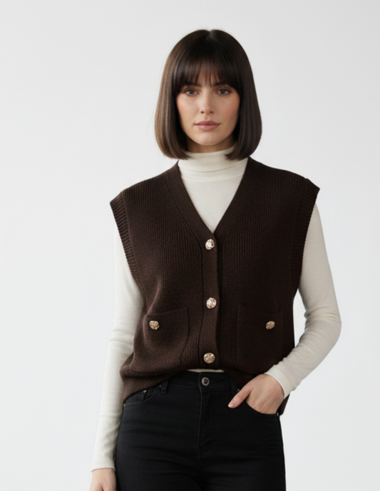 Chaleco cafe abotonado tipo suéter