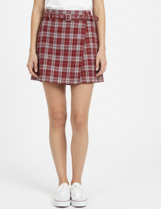 Falda short de cuadros con cinto